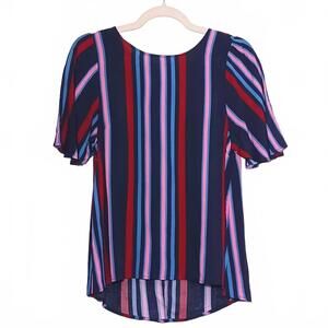 Hayden Navy Multi Stiped Shortsleeve Blouse w/ Ribbon Back‎ Detail, Size S